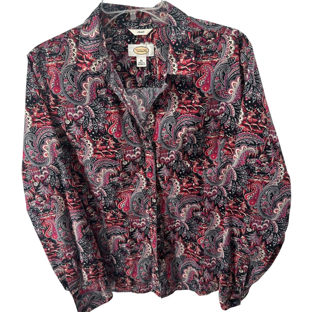 Talbots Paisley Office Stretch Button Down Shirt Womens XL Red Black Santa